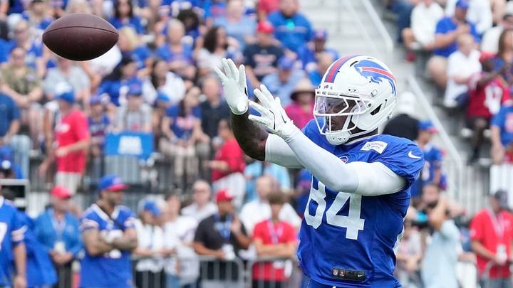 Buffalo Bills wide receiver Ja’Mori Maclin pulls in a pass during the final day of Buffalo Bills training camp at St. John Fisher University Friday, August 7, 2026 in Pittsford. Buffalo Bills wide receiver Ja’Mori Maclin pulls in a pass during the final day of Buffalo Bills training camp at St. John Fisher University Friday, August 7, 2026 in Pittsford.