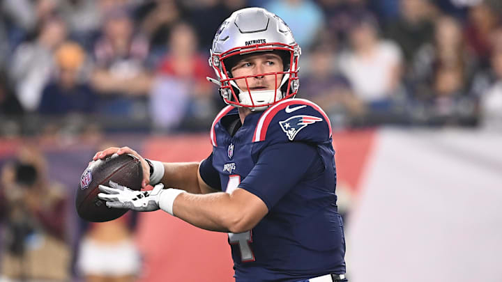 Aug 15, 2024; Foxborough, MA, USA; New England Patriots quarterback Bailey Zappe (4) looks to pass during the second half against the Philadelphia Eagles at Gillette Stadium. Mandatory Credit: Eric Canha-USA TODAY Sports