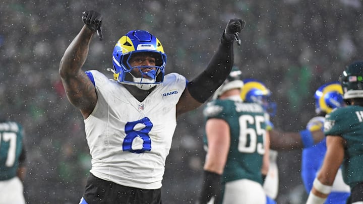 Jan 19, 2025; Philadelphia, Pennsylvania, USA; Los Angeles Rams linebacker Jared Verse (8) reacts after a play against the Philadelphia Eagles in a 2025 NFC divisional round game at Lincoln Financial Field. Mandatory Credit: Eric Hartline-Imagn Images
