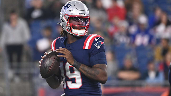 New England Patriots QB Joe Milton III looks to pass during the second half against the Philadelphia Eagles at Gillette Stadium.