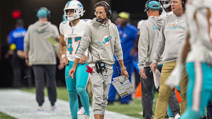 Miami Dolphins head coach Mike McDaniel on the sideline against the Atlanta Falcons during the first half at Mercedes-Benz Stadium.