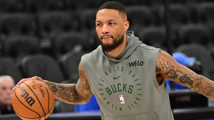 Mar 16, 2025; Milwaukee, Wisconsin, USA; Milwaukee Bucks guard Damian Lillard (0) warms up before game against the Oklahoma City Thunder at Fiserv Forum. Mandatory Credit: Benny Sieu-Imagn Images Mar 16, 2025; Milwaukee, Wisconsin, USA; Milwaukee Bucks guard Damian Lillard (0) warms up before game against the Oklahoma City Thunder at Fiserv Forum. Mandatory Credit: Benny Sieu-Imagn Images