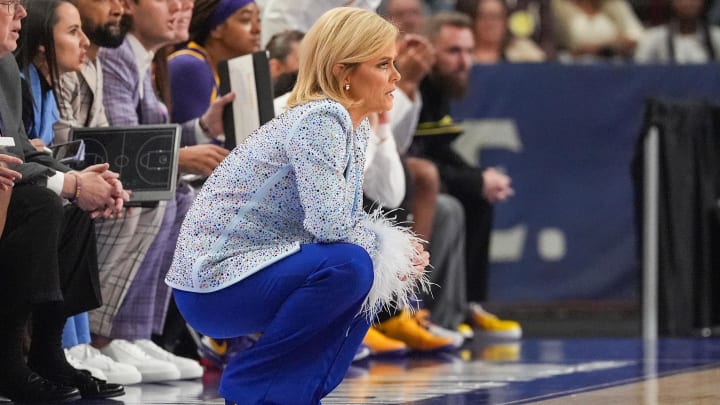 Mar 10, 2024; Greensville, SC, USA; LSU Lady Tigers head coach Kim Mulkey during the first half Mar 10, 2024; Greensville, SC, USA; LSU Lady Tigers head coach Kim Mulkey during the first half