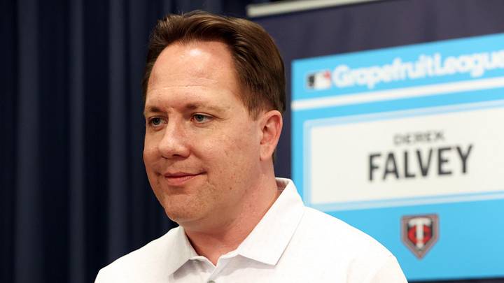 Feb 15, 2024; Tampa, FL, USA; Minnesota Twins president of baseball operations Derek Falvey talks with media at George M. Steinbrenner Field. Mandatory Credit: Kim Klement Neitzel-Imagn Images