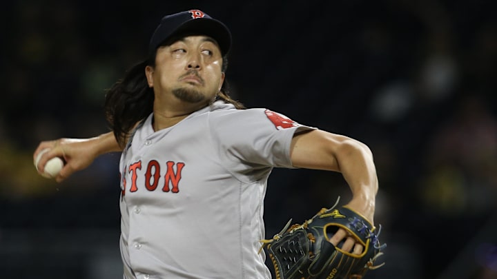 Aug 17, 2022; Pittsburgh, Pennsylvania, USA;  Boston Red Sox relief pitcher Hirokazu Sawamura (18) pitches against the Pittsburgh Pirates during the eighth inning at PNC Park. Mandatory Credit: Charles LeClaire-Imagn Images