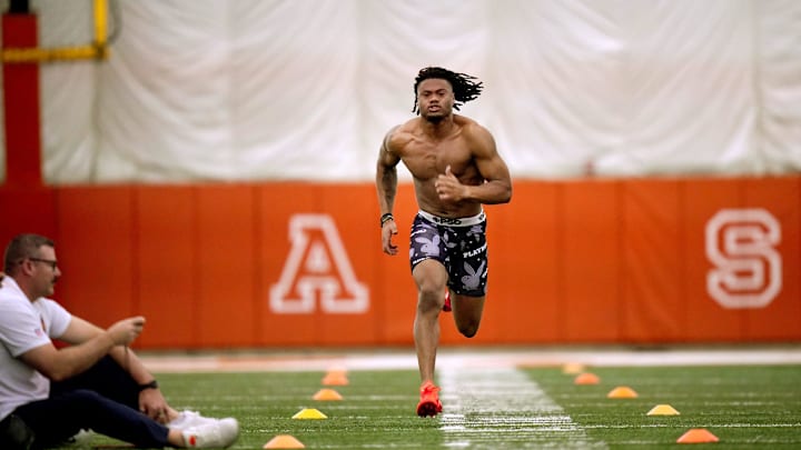 Former Longhorns Jaydon Blue participate in the 40 yard dash during Texas' Pro Day at the Texas Football Training Facility 