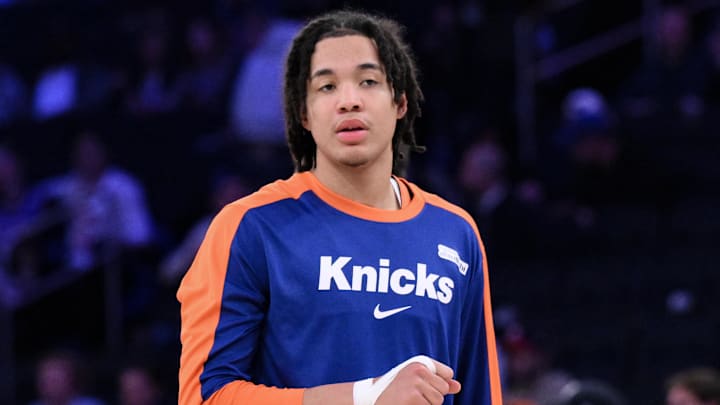 Oct 28, 2024; New York, New York, USA; New York Knicks guard Pacome Dadiet (4) during a game against the Cleveland Cavaliers at Madison Square Garden. Mandatory Credit: John Jones-Imagn Images Oct 28, 2024; New York, New York, USA; New York Knicks guard Pacome Dadiet (4) during a game against the Cleveland Cavaliers at Madison Square Garden. Mandatory Credit: John Jones-Imagn Images