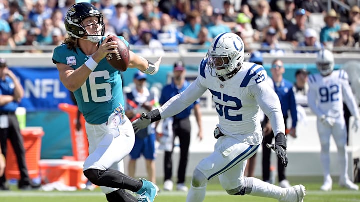 Oct 15, 2023; Jacksonville, Florida, USA; Indianapolis Colts defensive end Samson Ebukam (52) pressures Jacksonville Jaguars quarterback Trevor Lawrence (16) during the first half at EverBank Stadium. Mandatory Credit: Melina Myers-Imagn Images Oct 15, 2023; Jacksonville, Florida, USA; Indianapolis Colts defensive end Samson Ebukam (52) pressures Jacksonville Jaguars quarterback Trevor Lawrence (16) during the first half at EverBank Stadium. Mandatory Credit: Melina Myers-Imagn Images