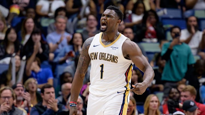 Mar 11, 2025; New Orleans, Louisiana, USA; New Orleans Pelicans forward Zion Williamson (1) reacts after a dunk against the Los Angeles Clippers during the fourth quarter at Smoothie King Center. Mandatory Credit: Matthew Hinton-Imagn Images