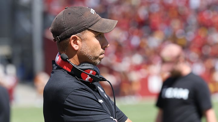 Sep 6, 2025; Ames, Iowa, USA; Iowa State Cyclones head coach Matt Campbell looks on against the Iowa Hawkeyes during the second quarter at Jack Trice Stadium. 