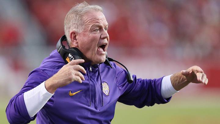 LSU Tigers head coach Brian Kelly reacts to a call in the first half against the Arkansas Razorbacks at Donald W. Reynolds Razorback Stadium. LSU Tigers head coach Brian Kelly reacts to a call in the first half against the Arkansas Razorbacks at Donald W. Reynolds Razorback Stadium.