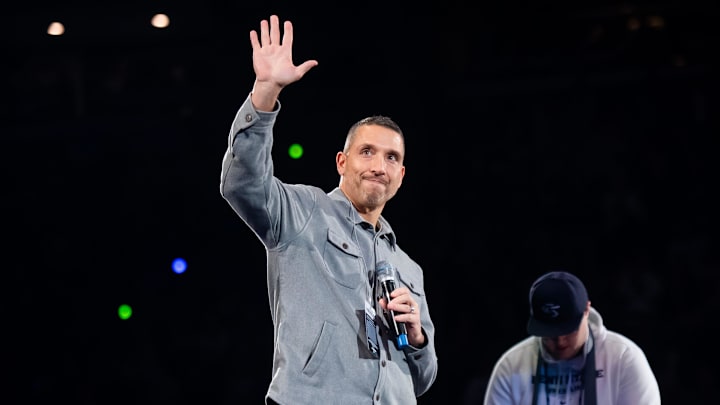 Penn State Nittany Lions football coach Matt Campbell waves to the crowd during a Big Ten wrestling dual meet vs. Nebraska.