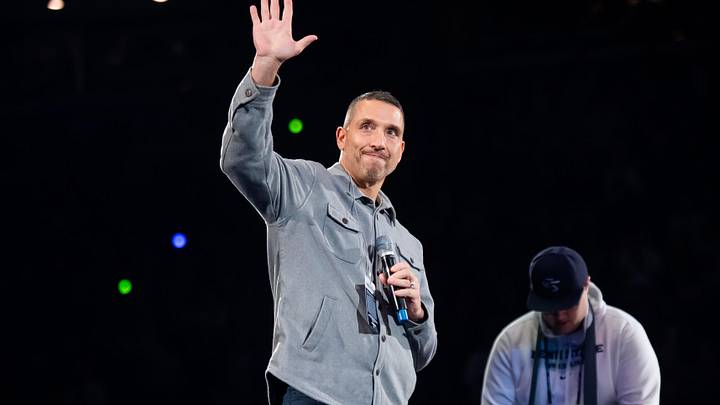 Penn State Nittany Lions football coach Matt Campbell waves to the crowd during a Big Ten wrestling dual meet vs. Nebraska.