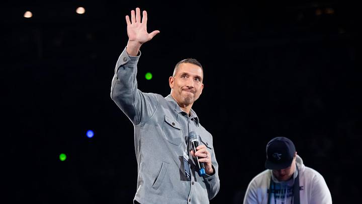 Penn State Nittany Lions football coach Matt Campbell waves to the crowd during a Big Ten wrestling match vs. the Nebraska Cornhuskers. 