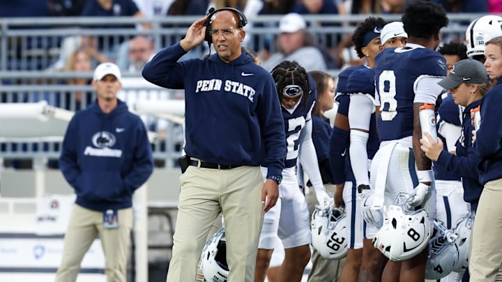 Oct 11, 2025; University Park, Pennsylvania, USA; Penn State Nittany Lions head coach James Franklin looks on from the sideline during the fourth quarter against the Northwestern Wildcats at Beaver Stadium. Mandatory Credit: Matthew O'Haren-Imagn Images Oct 11, 2025; University Park, Pennsylvania, USA; Penn State Nittany Lions head coach James Franklin looks on from the sideline during the fourth quarter against the Northwestern Wildcats at Beaver Stadium. Mandatory Credit: Matthew O'Haren-Imagn Images