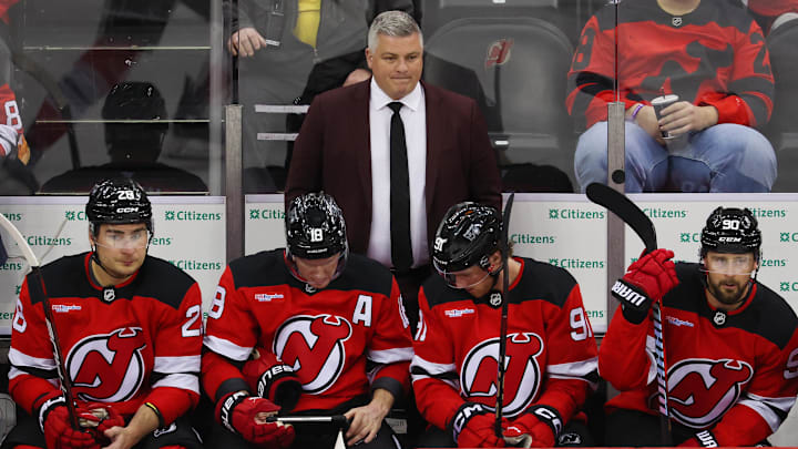New Jersey Devils head coach Sheldon Keefe against the Edmonton Oilers during the third period at Prudential Center. New Jersey Devils head coach Sheldon Keefe against the Edmonton Oilers during the third period at Prudential Center.