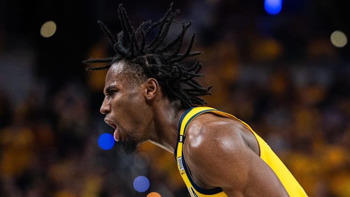 May 17, 2024; Indianapolis, Indiana, USA; Indiana Pacers forward Aaron Nesmith (23) celebrates a made basket during game six of the second round for the 2024 NBA playoffs against the New York Knicks at Gainbridge Fieldhouse. Mandatory Credit: Trevor Ruszkowski-Imagn Images May 17, 2024; Indianapolis, Indiana, USA; Indiana Pacers forward Aaron Nesmith (23) celebrates a made basket during game six of the second round for the 2024 NBA playoffs against the New York Knicks at Gainbridge Fieldhouse. Mandatory Credit: Trevor Ruszkowski-Imagn Images