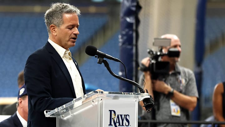 Tampa Bay Rays principal owner Stu Sternberg talks with media as the Tampa Bay Rays announced that a historic agreement has been reached with the City of St. Petersburg and Pinellas County to move forward with a new state-of-the-art ballpark on Sept. 19, 2023.