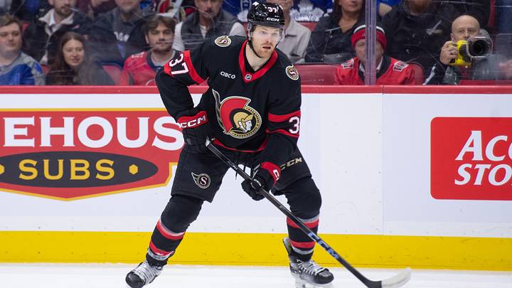 Apr 15, 2026; Ottawa, Ontario, CAN; Ottawa Senators left wing Warren Foegele (37) controls the puck in the first period against the Toronto Maple Leafs at the Canadian Tire Centre. Mandatory Credit: Marc DesRosiers-IMAGN Images