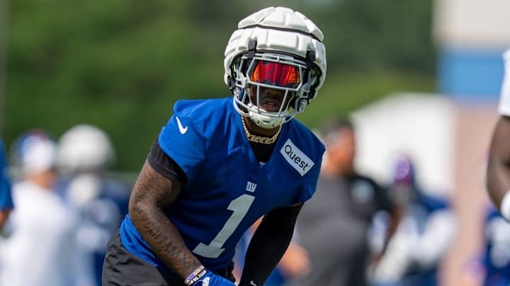 New York Giants wide receiver Malik Nabers (1) gets ready for a play during day one of the New York Giants training camp at Quest Diagnostics Giants Training Center in East Rutherford on Wednesday, July 23, 2025.