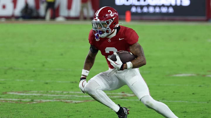 Nov 8, 2025; Tuscaloosa, Alabama, USA; Alabama Crimson Tide wide receiver Ryan Williams (2) carries the ball after a reception against the Louisiana State Tigers during the fourth quarter of the game at Saban Field at Bryant-Denny Stadium.