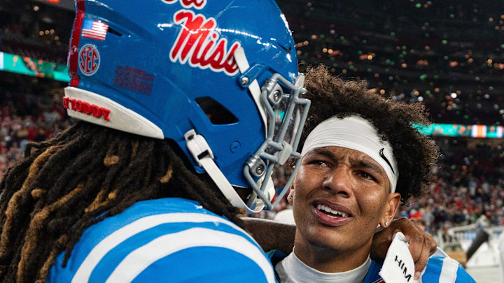 Ole Miss quarterback Trinidad Chambliss (6) cries after losing the CFP Fiesta Bowl against Miami at the State Farm Stadium, in Glendale, Ariz., on Thursday, Jan. 8, 2026.