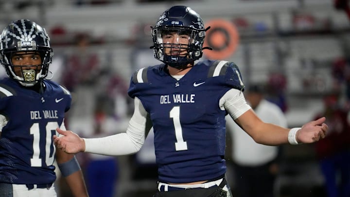 Del Valle High School's Jake Fette talks to his sideline during their game against Cooper High School at Del Valle High School on Nov. 14, 2024. Del Valley won their opening playoff game. Del Valle High School's Jake Fette talks to his sideline during their game against Cooper High School at Del Valle High School on Nov. 14, 2024. Del Valley won their opening playoff game.