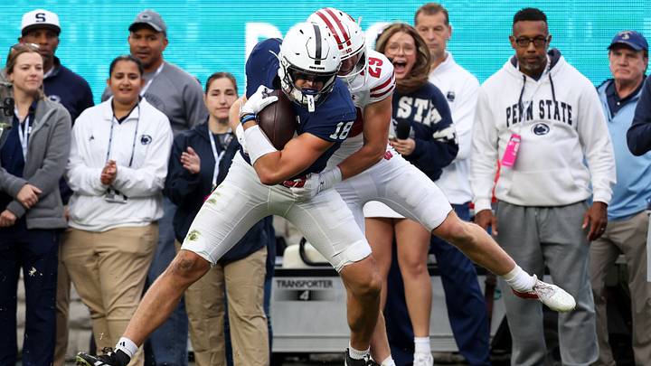 Sep 26, 2026; University Park, Pennsylvania, USA; Penn State Nittany Lions tight end Benjamin Brahmer (18) makes a catch during the first quarter against the Wisconsin Badgers at West Shore Home Field at Beaver Stadium. Mandatory Credit: Matthew O'Haren-Imagn Images Sep 26, 2026; University Park, Pennsylvania, USA; Penn State Nittany Lions tight end Benjamin Brahmer (18) makes a catch during the first quarter against the Wisconsin Badgers at West Shore Home Field at Beaver Stadium. Mandatory Credit: Matthew O'Haren-Imagn Images