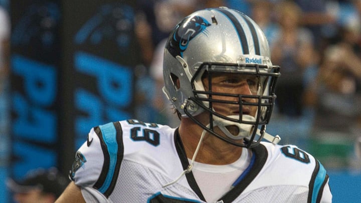 Aug 9, 2013; Charlotte, NC, USA; Carolina Panthers tackle Jordan Gross (69) runs on the field prior to the start of the game against the Chicago Bears. The Panthers defeated the Bears 24-17. Mandatory Credit: Jeremy Brevard-Imagn Images Aug 9, 2013; Charlotte, NC, USA; Carolina Panthers tackle Jordan Gross (69) runs on the field prior to the start of the game against the Chicago Bears. The Panthers defeated the Bears 24-17. Mandatory Credit: Jeremy Brevard-Imagn Images