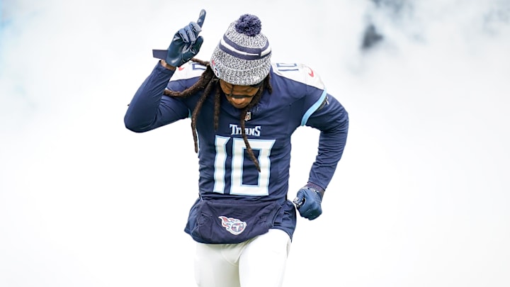 Tennessee Titans wide receiver DeAndre Hopkins (10) is introduced before a game against the Jacksonville Jaguars at Nissan Stadium in Nashville, Tenn., Sunday, Jan. 7, 2024.