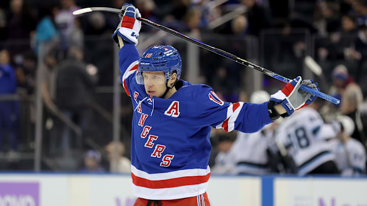 Jan 5, 2026; New York, New York, USA; New York Rangers left wing Artemi Panarin (10) skates before the first period against the Utah Mammoth at Madison Square Garden. Mandatory Credit: Brad Penner-Imagn Images