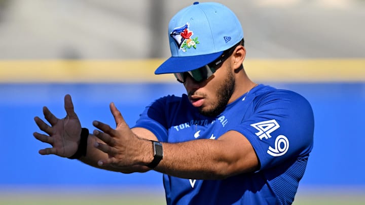 Feb 13, 2026; Dunedin, FL, USA; Toronto Blue Jays infielder Leo Jimenez (49) stretches during spring training at the Bobby Mattick Training Center at Englebert Complex. Mandatory Credit: Jonathan Dyer-Imagn Images