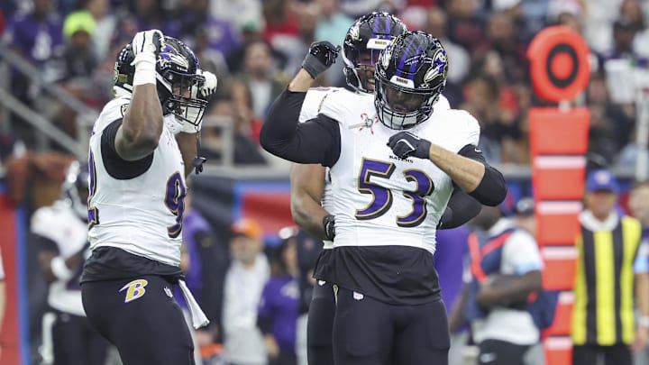 Dec 15, 2024; Houston, Texas, USA; Baltimore Ravens linebacker Kyle Van Noy (53) celebrates after sacking Houston Texans quarterback C.J. Stroud (7) during the first quarter at NRG Stadium. Mandatory Credit: Troy Taormina-Imagn Images