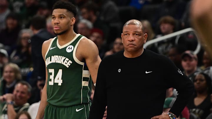 Apr 3, 2024; Milwaukee, Wisconsin, USA; Milwaukee Bucks head coach Doc Rivers and forward Giannis Apr 3, 2024; Milwaukee, Wisconsin, USA; Milwaukee Bucks head coach Doc Rivers and forward Giannis