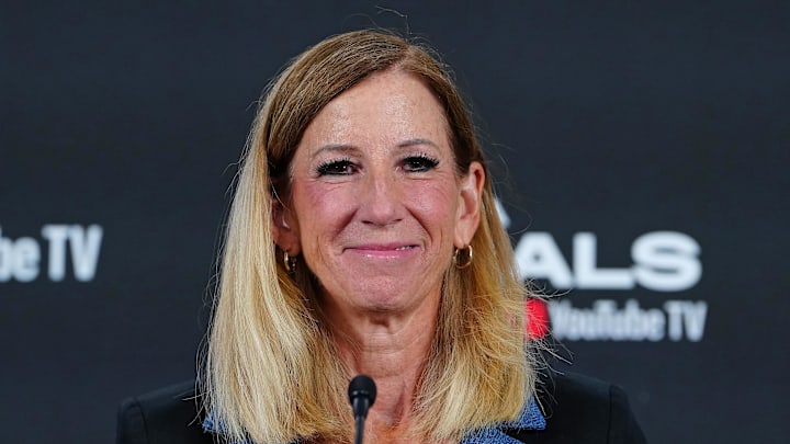WNBA Commissioner Cathy Engelbert talks during a presser on October 3, 2025