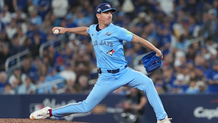 Oct 31, 2025; Toronto, Ontario, CAN; Toronto Blue Jays pitcher Chris Bassitt (40) throws a pitch in the ninth inning for game six of the 2025 MLB World Series at Rogers Centre. Mandatory Credit: Nick Turchiaro-Imagn Images