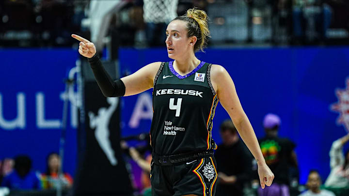 Connecticut Sun guard Mabrey reacts after her basket against the Minnesota Lynx in the second half during game four of the 2024 WNBA Semi-finals at Mohegan Sun Arena. 