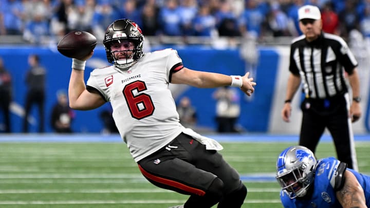 Jan 21, 2024; Detroit, Michigan, USA; Tampa Bay Buccaneers quarterback Baker Mayfield (6) passes the