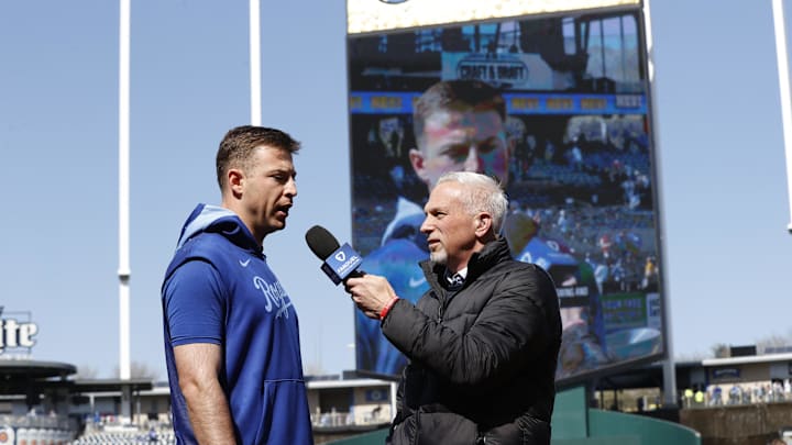 Apr 6, 2025; Kansas City, Missouri, USA;  Kansas City Royals pitcher Kris Bubic (50) being interview after winning the game over the Baltimore Orioles at Kauffman Stadium. Mandatory Credit: Gary Rohman-Imagn Images