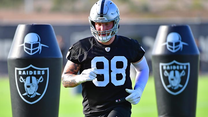 Jul 28, 2021; Las Vegas, NV, USA; Las Vegas Raiders defensive end Maxx Crosby (98) is pictured during a team practice at Intermountain Healthcare Performance Center in Henderson. Mandatory Credit: Stephen R. Sylvanie-USA TODAY Sports Jul 28, 2021; Las Vegas, NV, USA; Las Vegas Raiders defensive end Maxx Crosby (98) is pictured during a team practice at Intermountain Healthcare Performance Center in Henderson. Mandatory Credit: Stephen R. Sylvanie-USA TODAY Sports