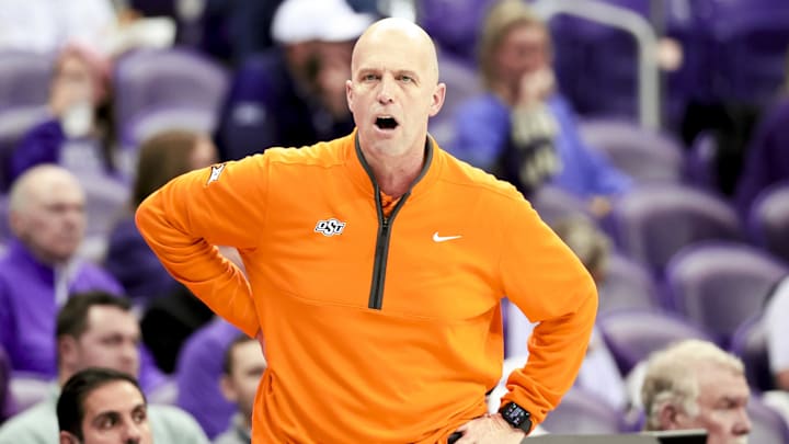 Feb 12, 2025; Fort Worth, Texas, USA;  Oklahoma State Cowboys head coach Steve Lutz reacts during the second half against the TCU Horned Frogs at Ed and Rae Schollmaier Arena. Mandatory Credit: Kevin Jairaj-Imagn Images