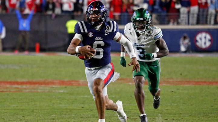 Dec 20, 2025; Oxford, MS, USA; Mississippi Rebels quarterback Trinidad Chambliss (6) runs the ball during the fourth quarter against the Tulane Green Wave at Vaught-Hemingway Stadium. Mandatory Credit: Petre Thomas-Imagn Images