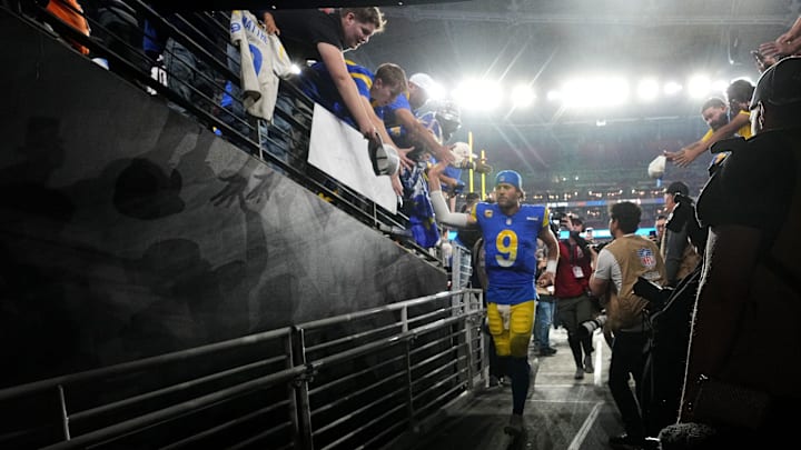 Los Angeles Rams quarterback Matthew Stafford (9) walks off the field after their 27-9 playoff win over the Minnesota Vikings at State Farm Stadium on Jan. 13, 2025, in Glendale.