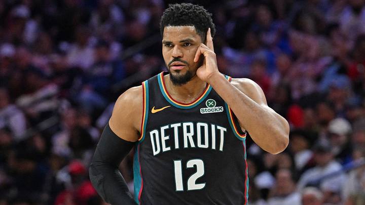 Apr 4, 2026; Philadelphia, Pennsylvania, USA; Detroit Pistons forward Tobias Harris (12) celebrates a basket against the Philadelphia 76ers during the second half at Xfinity Mobile Arena. Mandatory Credit: Eric Hartline-Imagn Images