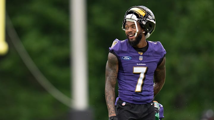 Jul 27, 2022; Owings Mills, MD, USA; Baltimore Ravens wide receiver Rashod Bateman (7) reacts during Jul 27, 2022; Owings Mills, MD, USA; Baltimore Ravens wide receiver Rashod Bateman (7) reacts during