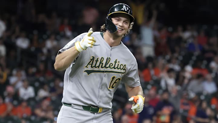 Jul 25, 2025; Houston, Texas, USA;  Athletics designated hitter Nick Kurtz (16) celebrates after hitting his fourth home run of the game during the ninth inning against the Houston Astros at Daikin Park. Mandatory Credit: Troy Taormina-Imagn Images