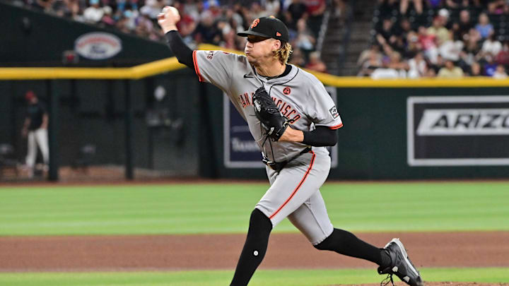 Sep 25, 2024; Phoenix, Arizona, USA; San Francisco Giants pitcher Spencer Bivens (76) throws in the eighth inning against the Arizona Diamondbacks at Chase Field. 