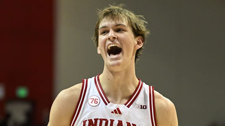 Nov 5, 2025; Bloomington, Indiana, USA; Indiana Hoosiers forward Reed Bailey (1) celebrates after a play during the first half against the Alabama A&M Bulldogs at Simon Skjodt Assembly Hall. Mandatory Credit: Robert Goddin-Imagn Images