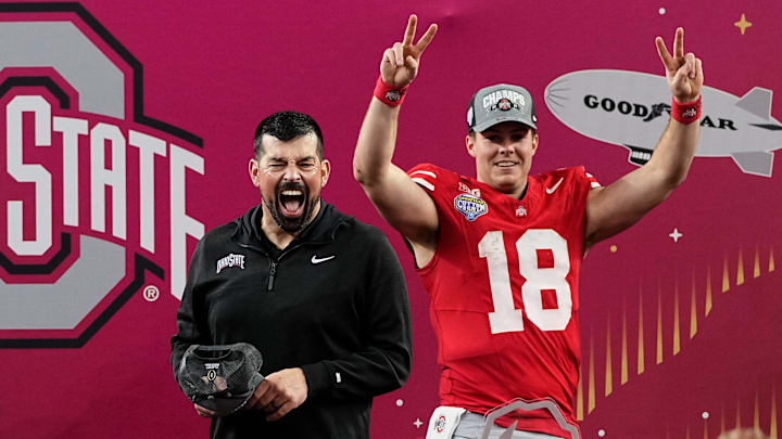 Ohio State Buckeyes head coach Ryan Day celebrates with quarterback Will Howard (18) following the 28-14 win over the Texas Longhorns in the Cotton Bowl Classic College Football Playoff semifinal game at AT&T Stadium in Arlington, Texas on Jan. 10, 2025.
