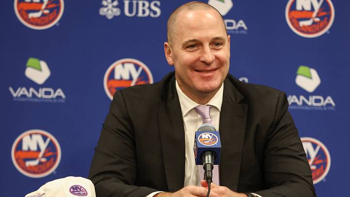 Nov 22, 2025; Elmont, New York, USA; New York Islanders General Manager Mathieu Darche speaks with fans at a pre-game event prior to the game against the St. Louis Blues at UBS Arena. Mandatory Credit: Wendell Cruz-Imagn Images Nov 22, 2025; Elmont, New York, USA; New York Islanders General Manager Mathieu Darche speaks with fans at a pre-game event prior to the game against the St. Louis Blues at UBS Arena. Mandatory Credit: Wendell Cruz-Imagn Images
